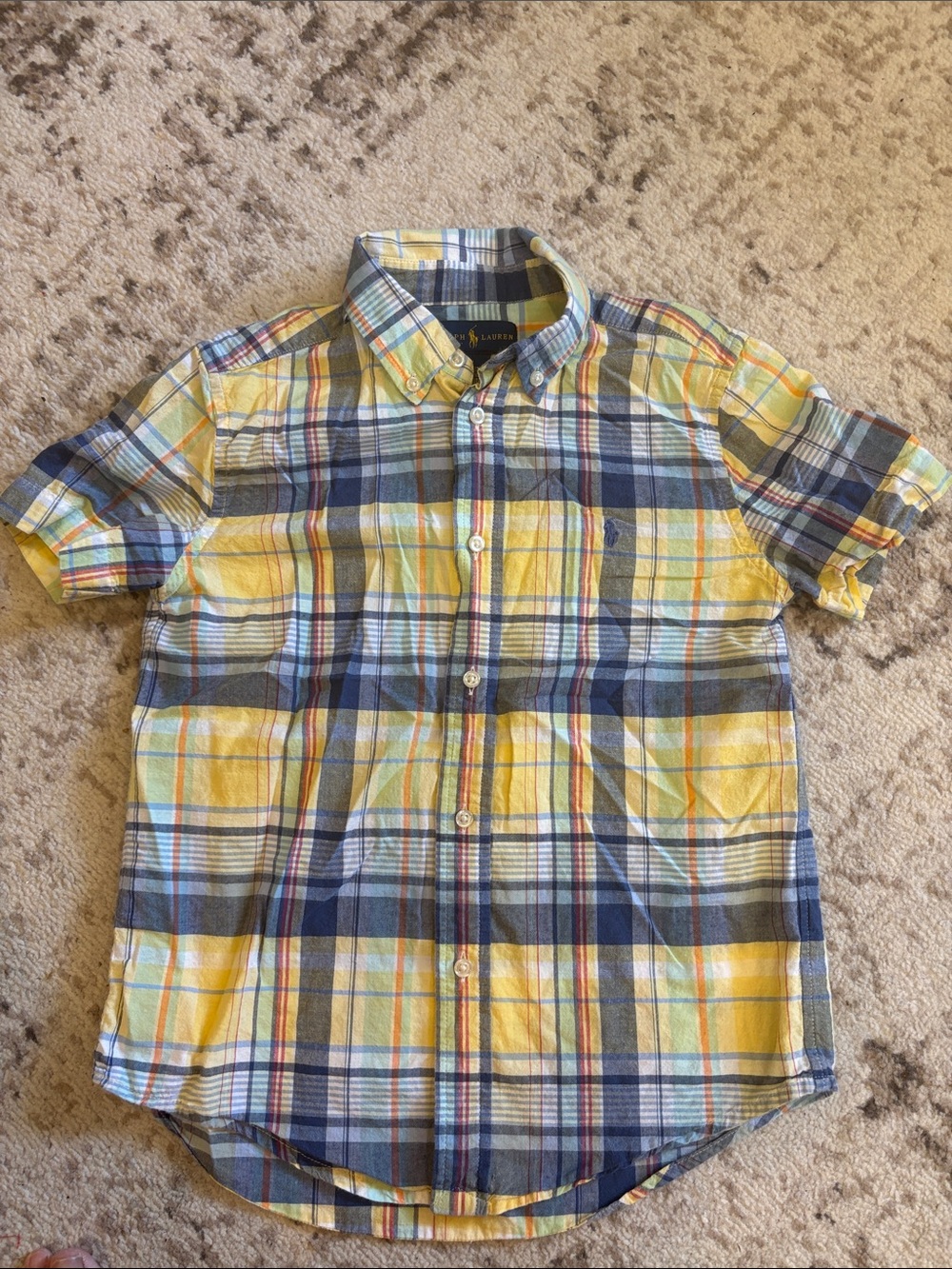 Boys Button-Down Plaid Short Sleeve Shirt - Yellow & Blue
